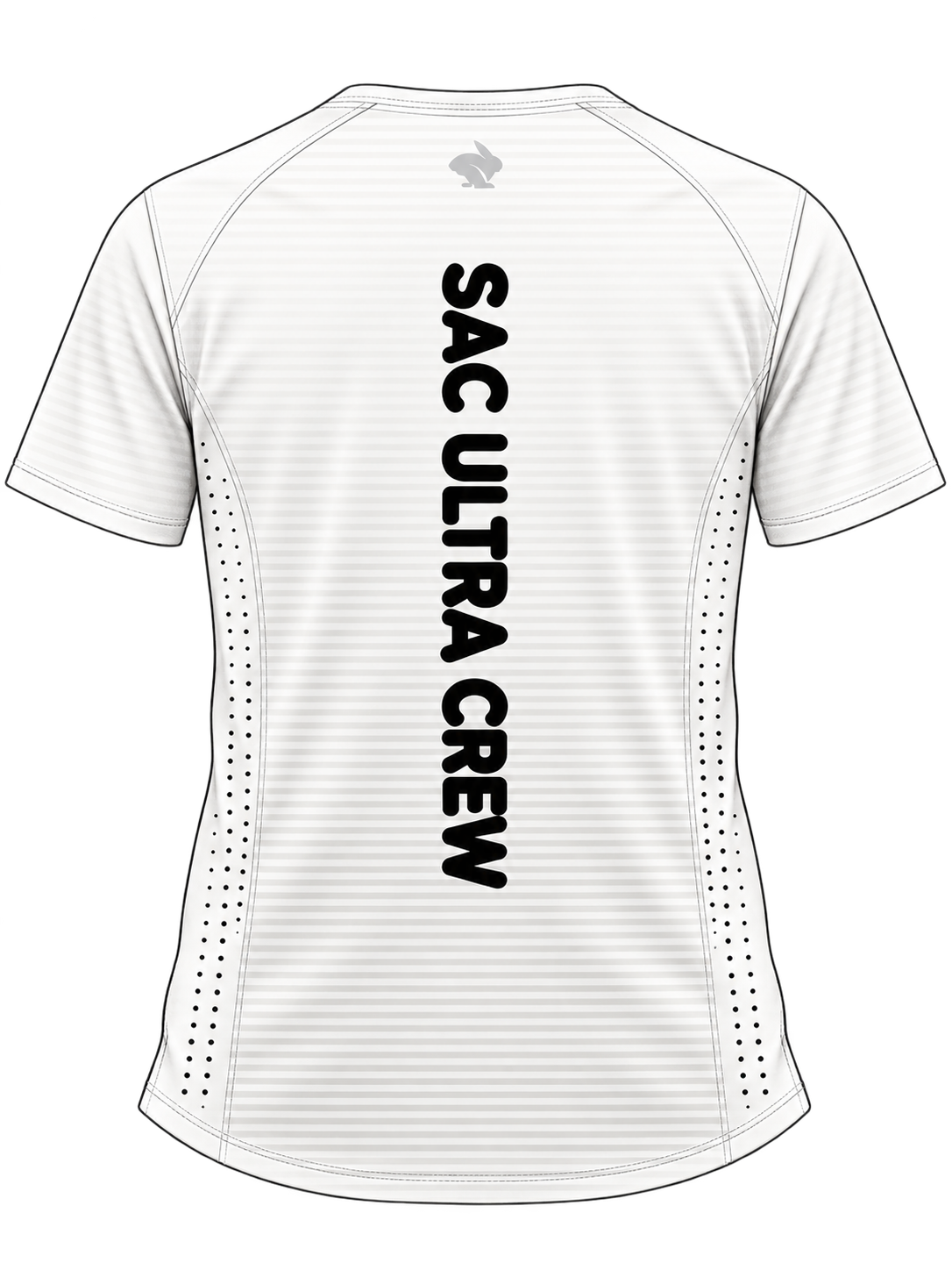 Back of the SUC × rabbit Race Pace Tee with vertical Sac Ultra Crew artwork